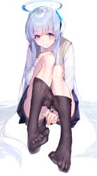 Rule 34 | 1girl, absurdres, ass, black pantyhose, black skirt, blue archive, blush, closed mouth, clothes pull, collared shirt, fingernails, grey hair, grey vest, halo, highres, long hair, long sleeves, mechanical halo, noa (blue archive), pantyhose, pantyhose pull, pleated skirt, purple eyes, shirt, simple background, skirt, smile, solo, toes, tsukudani (ore624), vest, white background, white shirt