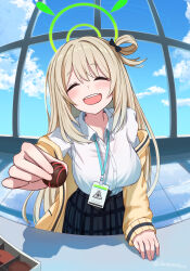 1girl :d ^_^ black_bow black_skirt blue_archive blue_sky blush bow breasts brown_hair cardigan chocolate closed_eyes collared_shirt commentary_request cowboy_shot day doku-doku dress_shirt facing_viewer food foreshortening green_halo hair_bow halo happy highres holding holding_chocolate holding_food id_card incoming_food indoors large_breasts long_hair nonomi_(blue_archive) one_side_up open_cardigan open_clothes open_mouth plaid_clothes plaid_skirt pov school_uniform shirt skirt sky sleeves_past_wrists smile solo straight-on teeth tile_floor tiles upper_teeth_only very_long_hair white_shirt window yellow_cardigan