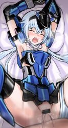 Rule 34 | 10s, 1boy, 1girl, bed, blue hair, blush, censored, closed eyes, clothed sex, cum, cum in pussy, frame arms girl, hetero, highres, panties, pussy, ribimura, sex, spread legs, striped clothes, striped panties, stylet, underwear, vaginal