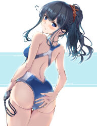 Rule 34 | 1girl, ass, back, bare shoulders, black hair, blue eyes, blue one-piece swimsuit, blush, breasts, commentary request, competition swimsuit, copyright name, covering privates, covering ass, english text, gluteal fold, goggles, unworn goggles, gridman universe, gridman universe (film), highleg, highleg swimsuit, highres, huge ass, large breasts, long hair, looking at viewer, looking back, nt50, one-piece swimsuit, ponytail, simple background, solo, ssss.gridman, swimsuit, takarada rikka, thigh gap, thighs, v-shaped eyebrows