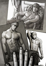 Rule 34 | 1boy, abs, arm behind head, bad id, bad tumblr id, bara, clothes around waist, clothes pull, collage, cris art, feet out of frame, greyscale, hulkling, large pectorals, male focus, male pubic hair, marvel, monochrome, muscular, muscular male, navel, nipples, on chair, pants, pants pull, pectorals, photo (object), photo shoot, pubic hair, pubic hair peek, pulling own clothes, seductive smile, shirt, shirt around waist, short hair, sideburns, sitting, smile, thick eyebrows, topless male