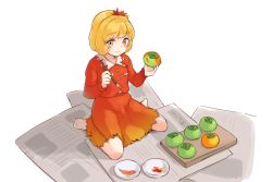 Rule 34 | 1girl, aki shizuha, barefoot, blonde hair, blush, buttons, closed mouth, food, fruit, hair ornament, holding, holding food, holding fruit, holding paintbrush, itatatata, leaf hair ornament, long sleeves, newspaper, paintbrush, persimmon, red shirt, red skirt, shirt, short hair, simple background, skirt, smile, solo, touhou, white background, yellow eyes