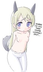 Rule 34 | animal ears, blush, breasts, eila ilmatar juutilainen, hard-translated, long hair, pantyhose, shinjou ryou, simple background, strike witches, tail, third-party edit, topless, translated, white legwear, world witches series, youta (asatsukidou)
