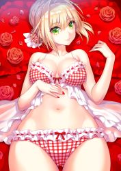 Rule 34 | 1girl, ahoge, babydoll, bare shoulders, blonde hair, blush, bow, bow panties, braid, breasts, cleavage, closed mouth, commentary request, fate/grand order, fate (series), flower, french braid, frilled panties, frills, green eyes, hair intakes, lingerie, looking at viewer, lying, medium breasts, nail polish, navel, nero claudius (fate), nero claudius (fate) (all), nero claudius (fate/extra), nishimura eri, on back, panties, petals, red flower, red nails, red panties, red rose, ribbon-trimmed bra, ribbon-trimmed panties, ribbon trim, rose, smile, solo, underwear, underwear only