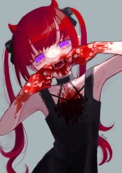 Rule 34 | 1girl, absurdres, black bow, black dress, blood, blood on chest, blood on face, blood on hands, blue background, bow, dress, fangs, female focus, hair bow, highres, horns, looking at viewer, mouth pull, original, pointy ears, purple eyes, red hair, sebone dead, simple background, slit pupils, solo, twintails
