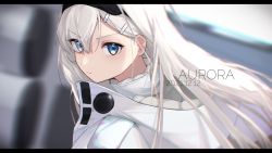 Rule 34 | 1girl, absurdres, arknights, aurora (arknights), black hairband, blue eyes, blurry, blurry background, blush, character name, closed mouth, coat, dated, depth of field, eyes visible through hair, from behind, hair ornament, hair over one eye, hairband, hairclip, highres, hood, hood down, hooded coat, letterboxed, long hair, looking at viewer, looking back, silver hair, solo, teay (ttttteay), v-shaped eyebrows, white coat