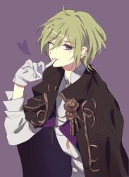 Rule 34 | 1boy, black coat, coat, coat on shoulders, dear vocalist, ear piercing, finger to mouth, gloves, green hair, heart, highres, long sleeves, looking at viewer, male focus, momochi (dear vocalist), one eye closed, pale skin, piercing, ptping, purple background, purple eyes, shirt, smirk, solo, white shirt