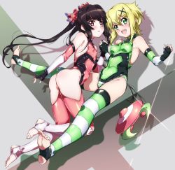 Rule 34 | 10s, 2girls, absurdres, akatsuki kirika, ass, black hair, blonde hair, blush, bow, breasts, commentary request, covered erect nipples, covered navel, elbow gloves, feet, female focus, fingerless gloves, flat chest, full body, gloves, green eyes, hair bow, hair ornament, highres, holding hands, leotard, long hair, looking at viewer, medium breasts, multiple girls, niko (tama), no shoes, open mouth, pink eyes, senki zesshou symphogear, shiny clothes, shiny skin, short hair, skin tight, smile, soles, striped clothes, striped legwear, striped thighhighs, teeth, thighhighs, toeless legwear, toes, tsukuyomi shirabe, twintails, x hair ornament, yuri