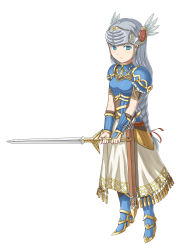 Rule 34 | 1girl, absurdres, aqua eyes, armor, blue armor, blue hair, braid, breasts, closed mouth, commentary request, feathered wings, gold trim, headpiece, highres, lenneth valkyrie, light blue hair, long braid, long hair, looking at viewer, silver hair, small breasts, solo, standing, sword, usukoke, valkyrie profile (series), very long hair, weapon, wings
