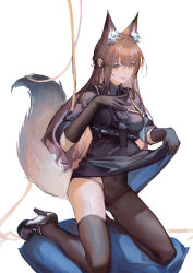 Rule 34 | 1girl, absurdres, animal ear fluff, animal ears, arknights, asymmetrical legwear, black gloves, clothes lift, elbow gloves, fox ears, fox girl, fox tail, franka (arknights), full body, gloves, high heels, highres, id card, kneeling, lanyard, lifting own clothes, neriash, pantyhose, single thighhigh, skirt, skirt lift, tail, thighhighs, white background