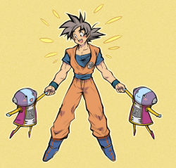 Rule 34 | +++, 10s, 3boys, :d, bad id, bad pixiv id, black eyes, black hair, blush, blush stickers, boots, clothes writing, dougi, dragon ball, dragon ball super, dragonball z, flying, full body, hano (hanos91), happy, height difference, holding hands, looking away, looking down, male focus, multiple boys, open mouth, short hair, simple background, smile, son goku, spiked hair, wristband, yellow background, zen&#039;ou (dragon ball)