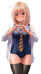 Rule 34 | 1girl, anger vein, black thighhighs, blonde hair, blue one-piece swimsuit, blush, breasts, commentary request, cowboy shot, dress shirt, heart, heart hands, highres, long hair, looking at viewer, medium breasts, necktie, one-piece swimsuit, open clothes, open shirt, original, red eyes, school swimsuit, school uniform, shirt, simple background, skindentation, solo, split mouth, striped necktie, swimsuit, swimsuit under clothes, thighhighs, white background, white shirt, yellow necktie, yukemuriganmo