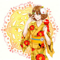 Rule 34 | 1girl, brown hair, candy apple, final fantasy, final fantasy viii, flipped hair, food, green eyes, highres, japanese clothes, kimono, looking at viewer, mask, moogle, one eye closed, open mouth, selphie tilmitt, short hair, smile, solo, spirasen