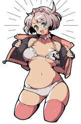 1girl ahoge black_gloves blue_eyes blush breasts breasts_apart elphelt_valentine fingerless_gloves gloves grey_hair guilty_gear guilty_gear_strive hairband highres itsuka_neru jacket large_breasts looking_at_viewer navel open_mouth pink_hairband pink_jacket pink_theme short_hair simple_background smile solo spiked_hairband spikes unzipped white_background