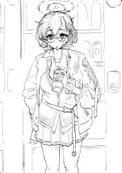 Rule 34 | 1girl, absurdres, bags under eyes, blue archive, can, canned coffee, cardigan, chihiro (blue archive), drink can, drooling, feet out of frame, glasses, hair behind ear, hair ornament, halo, highres, holding, holding can, jacket, monochrome, necktie, open collar, pleated skirt, rabbit hair ornament, semi-rimless eyewear, short hair, sketch, skirt, solo, under-rim eyewear, ushimochi, vending machine, watch, white background, wristwatch