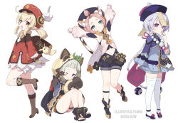 Rule 34 | 4girls, :3, absurdres, ahoge, animal ear fluff, animal ears, animal hood, armpits, arms up, backpack, bag, bead necklace, beads, belt, bike shorts, black footwear, black gloves, black headwear, black shorts, blonde hair, bloomers, blue dress, blue shorts, boots, braid, brown footwear, brown gloves, cat ears, cat girl, cat tail, child, detached sleeves, diona (genshin impact), dodoco (genshin impact), dress, fake animal ears, fake tail, feathers, finger to mouth, fingerless gloves, full body, genshin impact, gloves, green eyes, grey hair, hat, hat feather, high heels, highres, hood, hugging own tail, hugging tail, japanese clothes, jewelry, kimono, klee (genshin impact), leg up, legs, long braid, long hair, low twintails, midriff, multiple girls, navel, necklace, neki (wakiko), ofuda, one eye closed, open mouth, pink hair, pink shirt, pink sleeves, pointy ears, ponytail, purple eyes, purple hair, purple kimono, qiqi (genshin impact), raccoon ears, raccoon tail, red dress, red eyes, red headwear, rubbing eyes, sayu (genshin impact), shirt, shoes, short dress, short hair, short shorts, short sleeves, shorts, shorts under dress, simple background, sitting, sleepy, smile, standing, standing on one leg, tail, thigh strap, thighhighs, thighs, toeless footwear, toes, topknot, twintails, underwear, very long hair, white background, white bloomers, white thighhighs