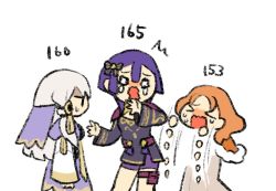 Rule 34 | &gt; &lt;, 3girls, annette fantine dominic, bernadetta von varley, crying, closed eyes, facing another, fire emblem, fire emblem: three houses, height conscious, long hair, long sleeves, looking at another, lysithea von ordelia, multiple girls, nintendo, orange hair, shaded face, short hair with long locks, sweat, tears, wavy eyes, wavy mouth, white background, white hair, yomico 2gou