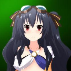 Rule 34 | bare shoulders, black hair, breasts, coat, crop top, green background, highres, jacket, long hair, mirroa1015, neptune (series), red eyes, small breasts, smile, tsundere, twintails, two side up, uni (neptunia), upper body