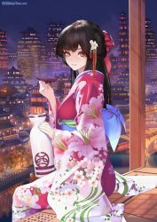 Rule 34 | 1girl, 504 gateway, bad id, bad twitter id, black hair, blue nails, bottle, bow, choko (cup), city, cup, fang, flower, hair bow, hair flower, hair ornament, highres, japanese clothes, long hair, looking at viewer, nail polish, night, original, red eyes, sake bottle, smile, solo