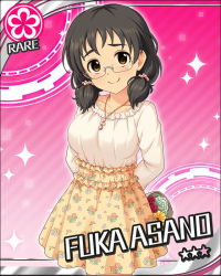 Rule 34 | 10s, 1girl, artist request, asano fuka, black hair, brown eyes, card (medium), character name, floral print, flower (symbol), glasses, idolmaster, idolmaster cinderella girls, jewelry, jpeg artifacts, low twintails, necklace, official art, pink background, short twintails, smile, solo, sparkle, twintails