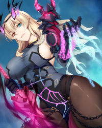 Rule 34 | 1girl, armor, bare shoulders, black dress, black gloves, blonde hair, blue eyes, blue sky, breasts, brown pantyhose, chain, dress, elbow gloves, barghest (fate), barghest (second ascension) (fate), fate/grand order, fate (series), gauntlets, gloves, heterochromia, horns, large breasts, long hair, looking at viewer, pantyhose, pauldrons, pelvic curtain, red eyes, shoulder armor, sideboob, single gauntlet, single pauldron, sky, solo, sword, thighs, weapon, yuhji