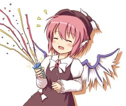 Rule 34 | 1girl, animal ears, blush, closed eyes, confetti, excited, female focus, happy, hat, mystia lorelei, party popper, phantom2071, pink hair, short hair, simple background, smile, solo, touhou, wings