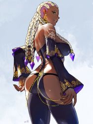 Rule 34 | 1girl, ass, braid, breasts, dark-skinned female, dark skin, dolores (kof), earrings, from behind, green eyes, highres, hip vent, jewelry, looking back, multicolored hair, oni gini, solo, tattoo, the king of fighters, the king of fighters xv, two-tone hair
