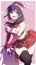 Rule 34 | 1girl, alternate costume, aqua eyes, bare shoulders, belt, black belt, black thighhighs, boots, bow, bowtie, breasts, christmas, cleavage, dated, duke (inu daimyou), elbow gloves, gloves, large breasts, long hair, looking at viewer, love live!, love live! school idol project, open mouth, purple hair, red bow, red bowtie, red footwear, red gloves, red skirt, skirt, solo, standing, standing on one leg, thighhighs, thighs, tojo nozomi, zettai ryouiki