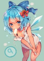 Rule 34 | 1girl, ana (rznuscrf), apron, blue bow, blue eyes, blue hair, bow, circled 9, cirno, flower, food, green background, hair bow, hair flower, hair ornament, highres, looking at viewer, mouth hold, naked apron, popsicle, red bow, solo, sunflower, sunflower hair ornament, sweat, tanned cirno, touhou, wet, wet clothes, wringing clothes