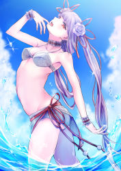 Rule 34 | 1girl, alternate hairstyle, arched back, artist request, ass, bare shoulders, bikini, blush, breasts, cleavage, hair ornament, jane grey (king&#039;s raid), king&#039;s raid, long hair, looking at viewer, medium breasts, open mouth, red eyes, sarong, shiny skin, solo, swimsuit, twintails, very long hair, water