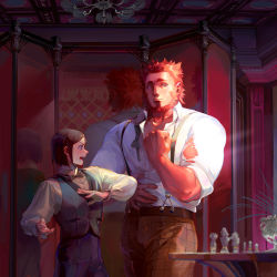 Rule 34 | 2boys, beard, black bow, black hair, black neckwear, blurry, bob cut, bow, bowtie, brown pants, ceiling, ceiling light, chess piece, clenched hand, colored skin, depth of field, dress shirt, dressing, facial hair, fate/zero, fate (series), flexing, formal, frown, furrowed brow, hand on own stomach, hand up, height difference, highres, indoors, iskandar (fate), long sleeves, male focus, mirror, multiple boys, muscular, open mouth, outstretched hand, pants, profile, purple pants, red eyes, red hair, red skin, reflection, shirt, spiked hair, surprised, suspenders, table, taro-k, torn clothes, torn sleeves, untied, vase, veins, vest, wardrobe malfunction, waver velvet, white shirt, wing collar