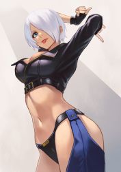 Rule 34 | 1girl, absurdres, angel (kof), arms behind head, arms up, blue eyes, bra, breasts, chaps, cleavage, cropped jacket, fingerless gloves, gloves, hair over one eye, hara kenshi, highres, jacket, large breasts, leather, leather jacket, looking at viewer, navel, snk, solo, stomach, strapless, strapless bra, the king of fighters, the king of fighters 2001, the king of fighters xiv, toned, tongue, tongue out, underwear, white hair