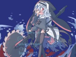 Rule 34 | 1girl, arknights, blue background, circular saw, full body, hand up, nun, open mouth, red eyes, saw, simple background, smirk, solo, specter (arknights), thighhighs, veil, whitydragon