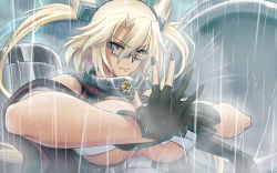 Rule 34 | 10s, 1girl, black gloves, blonde hair, breasts, budget sarashi, commentary request, dark-skinned female, dark skin, fingerless gloves, fist in hand, glasses, gloves, h-new, headgear, highres, huge breasts, kantai collection, legendary pictures, long hair, machinery, musashi (kancolle), nail polish, own hands together, pacific rim, palm-fist greeting, pointy hair, rain, sarashi, semi-rimless eyewear, solo, twintails, under-rim eyewear, upper body