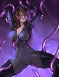 Rule 34 | 1girl, arms up, artist name, black thighhighs, bodysuit, boots, breasts, brown eyes, brown hair, cameltoe, collarbone, facial mark, grey bodysuit, hair between eyes, imminent rape, kai&#039;sa, large breasts, league of legends, legs apart, long hair, parted lips, purple background, sleepingsol, solo, spread legs, tentacles, thigh boots, thighhighs