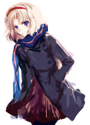 Rule 34 | 1girl, alice margatroid, alternate costume, blonde hair, blue eyes, cowboy shot, female focus, hairband, leaning forward, long sleeves, looking at viewer, nokishita, pantyhose, scarf, short hair, simple background, solo, standing, touhou, white background