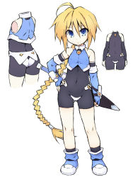 Rule 34 | ahoge, arm at side, bare shoulders, black bodysuit, black legwear, blonde hair, blue eyes, blue footwear, blue gloves, blue shirt, bodysuit, braid, clenched hand, collar, elbow gloves, eyes visible through hair, fingerless gloves, flat chest, from behind, girl with a blonde braid (tomoshibi hidekazu), gloves, gluteal fold, hair tie, hand on own hip, jewelry, long hair, looking at viewer, multiple views, navel, original, pendant, profile, see-through, sheath, sheathed, shirt, simple background, standing, sword, tomoshibi hidekazu, very long hair, weapon, white background, white collar