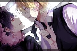 Rule 34 | 2boys, anger vein, black bow, black bowtie, black hair, blonde hair, blood, blood from mouth, bloody knife, border, bow, bowtie, butler, collared shirt, commentary request, cuts, durarara!!, from side, fur-trimmed jacket, fur trim, hair between eyes, heiwajima shizuo, injury, jacket, knife, looking at another, male focus, multiple boys, orihara izaya, poni (rito), profile, red eyes, shirt, short hair, smile, smirk, smoking, transparent border, uniform, yellow eyes