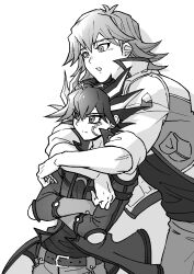 Rule 34 | 2boys, absurdres, arms around neck, belt, black hair, bruno (yu-gi-oh!), chin rest, crossed arms, elbow pads, expressionless, facial mark, facial tattoo, fudo yusei, gloves, head on head, head rest, high collar, highres, hug, hug from behind, jacket, looking to the side, male focus, marking on cheek, monochrome, multicolored hair, multiple boys, open clothes, open jacket, open mouth, pants, pocket, screentones, shirt, short hair, shoulder pads, simple background, sleeves rolled up, spiked hair, standing, streaked hair, t-shirt, tattoo, upper body, white background, yaoi, youko-shima, yu-gi-oh!, yu-gi-oh! 5d&#039;s