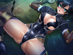 Rule 34 | 00s, 1girl, bdsm, black hair, blue eyes, blush, bondage, bound, breasts, cameltoe, chain-link fence, cleavage, collar, covered erect nipples, curvy, earrings, female focus, fence, fishnets, forced, fuuma tokiko, high heels, highleg, highleg leotard, jewelry, kagami hirotaka, large breasts, leotard, long hair, lying, on back, open mouth, restrained, shiny clothes, shiny skin, skin tight, solo, spread legs, sweat, taimanin (series), taimanin asagi, taimanin asagi kessen arena, wide hips