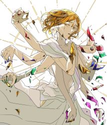 Rule 34 | androgynous, artist request, bad id, bad twitter id, breaking, broken, colored eyelashes, crack, crystal hair, dress, extra arms, gender request, hair between eyes, highres, houseki no kuni, open mouth, other focus, simple background, standing, white background, white dress, yellow diamond (houseki no kuni), yellow eyes