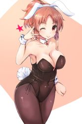 Rule 34 | 10s, 1girl, abe nana, animal ears, bare shoulders, breasts, brown eyes, brown hair, rabbit ears, rabbit tail, cleavage, collar, cuff links, detached collar, fake animal ears, highres, idolmaster, idolmaster cinderella girls, large breasts, leotard, one eye closed, pantyhose, playboy bunny, ryuu., solo, star (symbol), tail, v, wrist cuffs