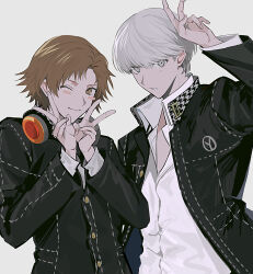 Rule 34 | 2boys, black jacket, blush stickers, brown eyes, brown hair, closed mouth, collared shirt, double v, grey background, grey eyes, grey hair, hanamura yousuke, headphones, headphones around neck, highres, jacket, long sleeves, looking at viewer, male focus, multiple boys, narukami yuu, one eye closed, open clothes, open jacket, parted lips, persona, persona 4, pswlv05, school uniform, shirt, simple background, upper body, v, white shirt, yasogami school uniform