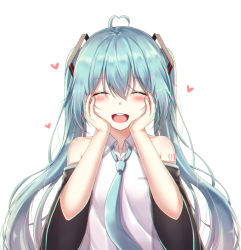 1girl, :d, ^ ^, ahoge, akira (been0328), bangs, bare shoulders, black sleeves, blue hair, blue neckwear, blush, closed eyes, collared shirt, commentary request, eyebrows visible through hair, eyes closed, facing viewer, hair between eyes, hands on own cheeks, hands on own face, hands up, hatsune miku, heart ahoge, long hair, neckerchief, open mouth, shirt, short sleeves, simple background, sleeveless, sleeveless shirt, smile, solo, twintails, upper teeth, very long hair, vocaloid, white background, white shirt, wide sleeves