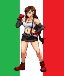 Rule 34 | 1girl, breasts, brown hair, cleavage, final fantasy, final fantasy vii, hand on own hip, highres, italian flag, italy, large breasts, legs, long hair, meme, midriff, navel, pixel art, red eyes, skirt, smile, suspenders, tank top, thick thighs, thighs, tifa lockhart, toned