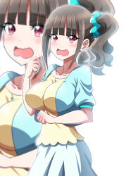 Rule 34 | 1girl, ai wa muteki, alternate breast size, aqua jacket, aqua scrunchie, black hair, blunt bangs, breasts, commentary request, cropped jacket, frown, hair ornament, hair scrunchie, highres, jacket, large breasts, looking at viewer, medium hair, nekoyashiki mayu, open mouth, partial commentary, precure, red eyes, scrunchie, shirt, short sleeves, side ponytail, sidelocks, skirt, solo, standing, wavy mouth, white skirt, wonderful precure!, yellow shirt, zoom layer