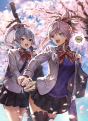 Rule 34 | 2girls, :d, bag, black legwear, black skirt, blue eyes, blue sweater, blurry, blurry background, bow, bowl, bowtie, cherry blossoms, day, detached sleeves, duffel bag, earrings, fate/grand order, fate (series), food, grey jacket, hair ornament, hair scrunchie, high ponytail, highres, holding hands, index finger raised, jacket, jewelry, long hair, long sleeves, looking at viewer, looking back, mashuu (neko no oyashiro), miniskirt, miyamoto musashi (fate), multiple girls, open clothes, open jacket, open mouth, outdoors, pink hair, red bow, red eyes, red neckwear, red ribbon, ribbon, school uniform, scrunchie, skirt, smile, soup, sun, sunlight, sweater, swept bangs, thighhighs, thought bubble, tomoe gozen (fate), tree, unbuttoned, weapon bag, zettai ryouiki