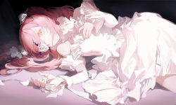 Rule 34 | 1girl, absurdres, bare shoulders, chinese commentary, commentary request, cowboy shot, dress, flower, flower over eye, hair flower, hair ornament, hair over mouth, hand on own chest, hands up, highres, kirakishou, long hair, long sleeves, looking at viewer, lying, on side, pink hair, rose, rozen maiden, sleeves past wrists, solo, weifengbing, white dress, white flower, white rose, yellow eyes