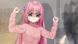 Rule 34 | 1girl, alternate breast size, arm up, black-framed eyewear, bocchi the rock!, breasts, cube hair ornament, facing viewer, gotoh hitori, hair between eyes, hair ornament, hand up, highres, jacket, k mugura, long hair, long sleeves, one side up, parted lips, pink hair, pink jacket, shaded face, shadow, small breasts, solo, star-shaped eyewear, star (symbol), sunglasses, track jacket, upper body, very long hair