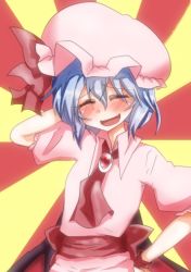 Rule 34 | 1girl, ^ ^, arm behind head, ascot, bat wings, blue hair, blush, brooch, closed eyes, closed eyes, fang, female focus, hand on own hip, hat, jewelry, macedonian flag, open mouth, remilia scarlet, short hair, skirt, smile, solo, sunburst, takorice, touhou, upper body, wings